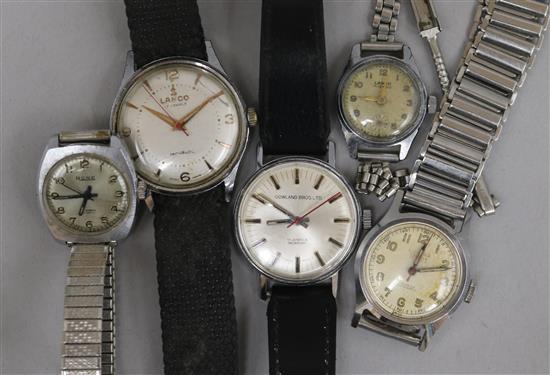 Five assorted ladys and gentlemans wrist watches including Lanco.